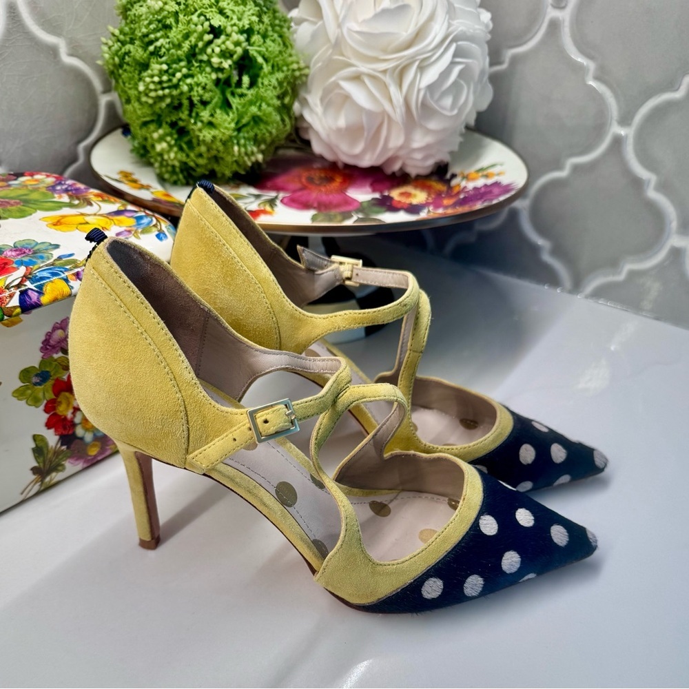 Boden Polka Dot Calf Hair Heels Yellow Suede Leather EU 38.5
